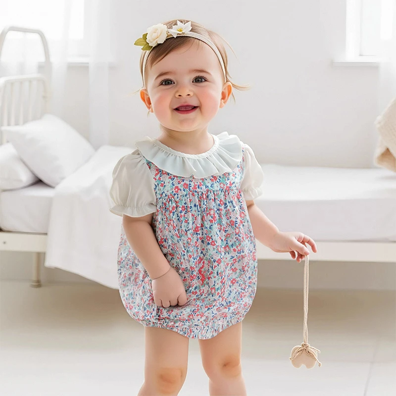 

Toddler Baby Girls Summer Outfit Doll Collar T-Shirt and Floral Overalls Romper Shorts Set Cute 2 Piece Clothes