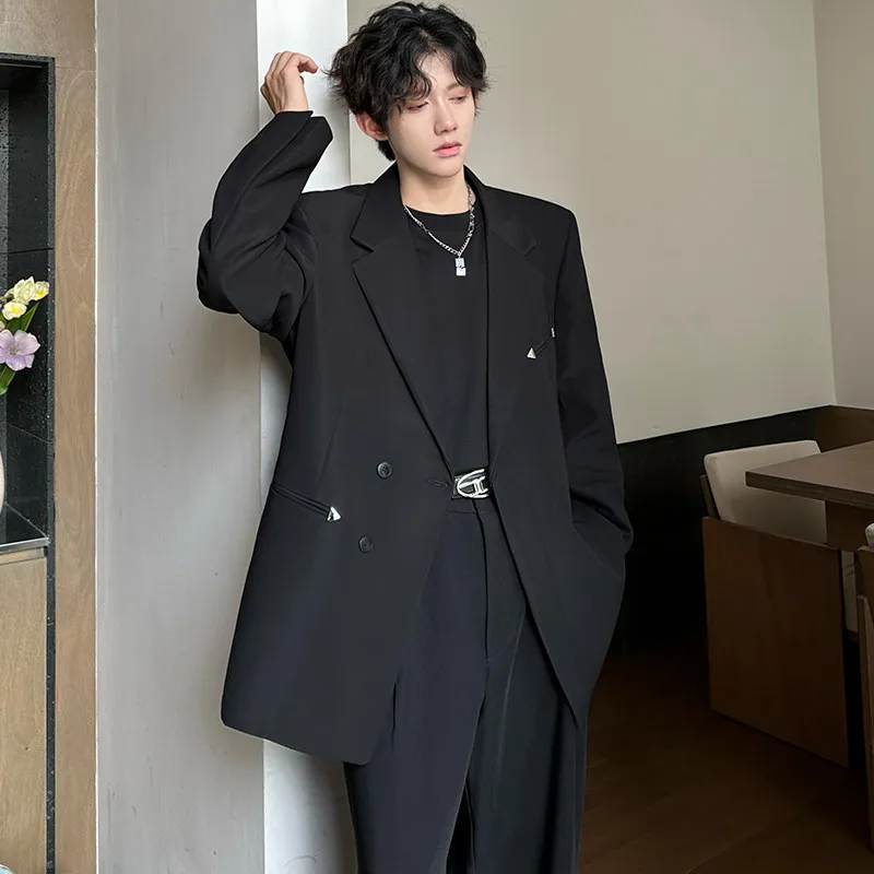 

Advanced Black Handsome Pad Shoulder Casual Men's Suit Spring Autumn Double Row Button Metal Design Model Jacket Top