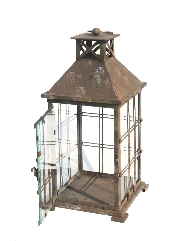 Vintage Metal Lantern with Glass Panels, Rustic Grid Candle Holder, Outdoor Garden Lantern Decor, Hanging Table Light