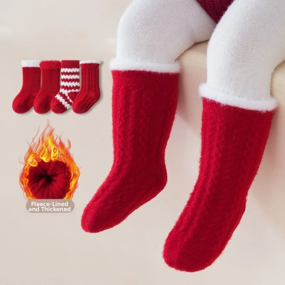 

New Red Stripe Baby New Year Socks Thickened Floor Socks Anti-Cold Winter Warm Mid Socks