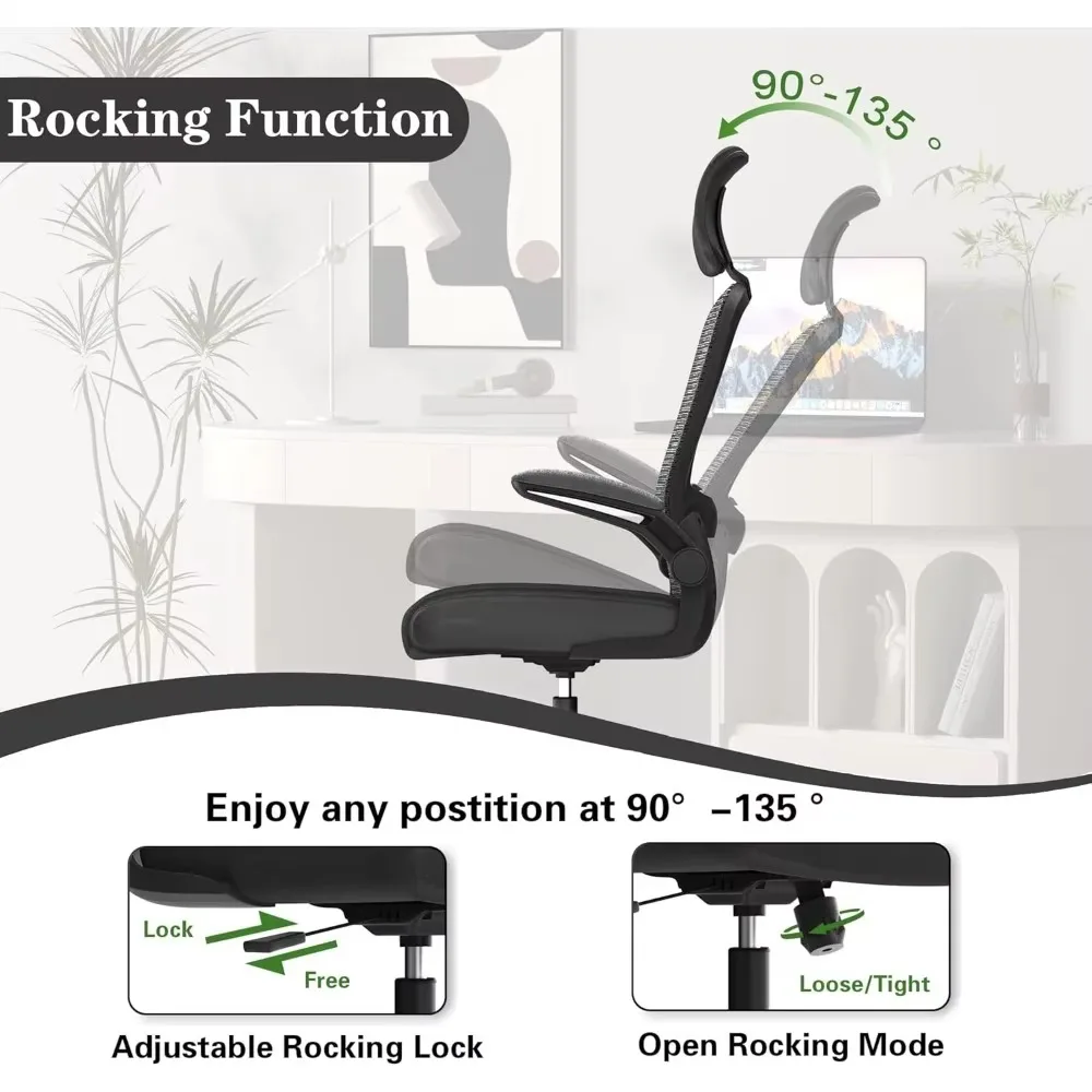 Ergonomic office chair, high-back chair with adjustable lumbar support and headrest, swivel office chair with flip-up armrests