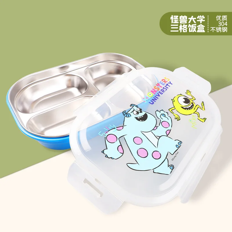 Mickey Minnie Disney Cutlery Three Grid Lunch Box Frozen Princess Cartoon Cute Pattern Stainless Steel Student Lunch Box Cutlery