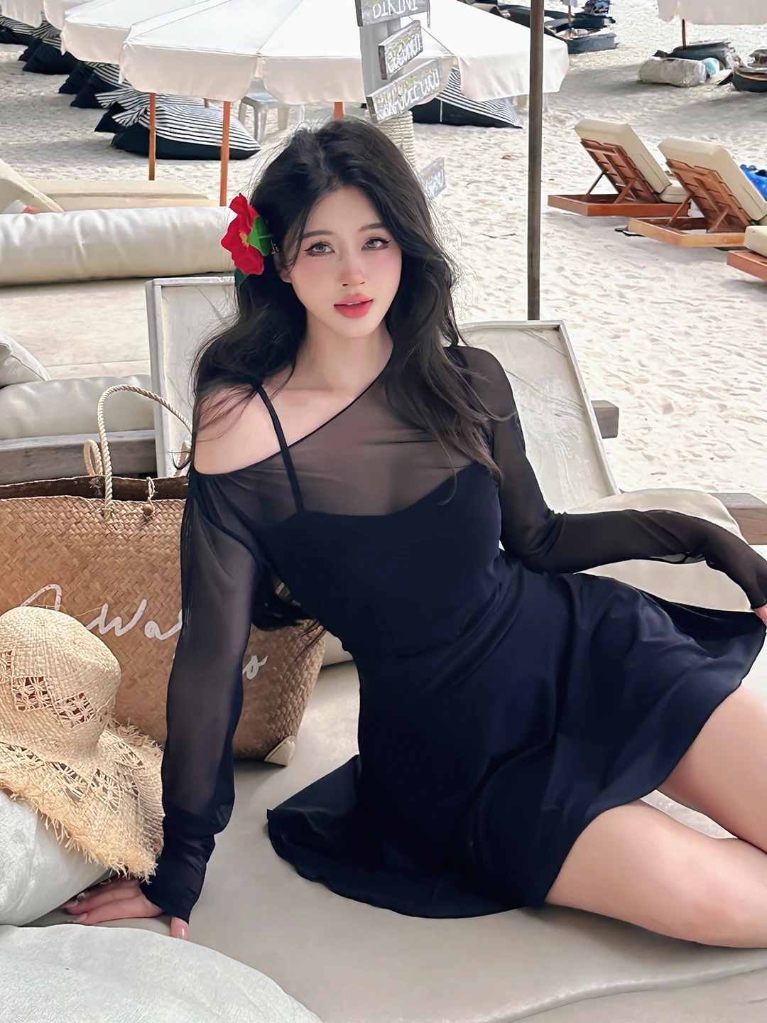 Sexy See-tough Lace One-piece Swimsuit Women's Skirt Sle Gathered Bust Size plus Size Slimming Large Size Swimwear