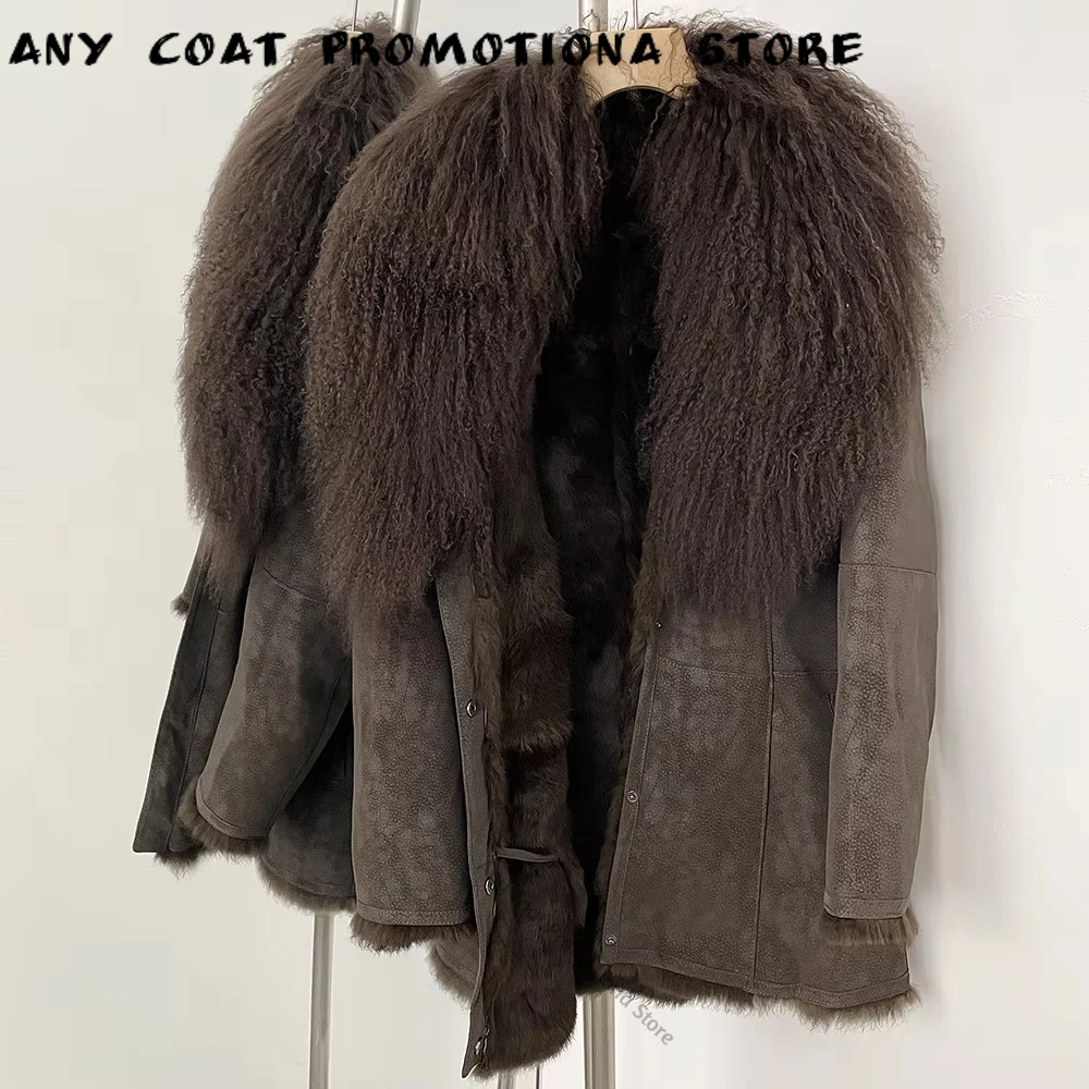 Real Mongolian Sheep Fur Coat Natural Fur Jacket Short Jacket with Fur Female Autumn Winter Rabbit Fur Lining Long Sleeve Swear