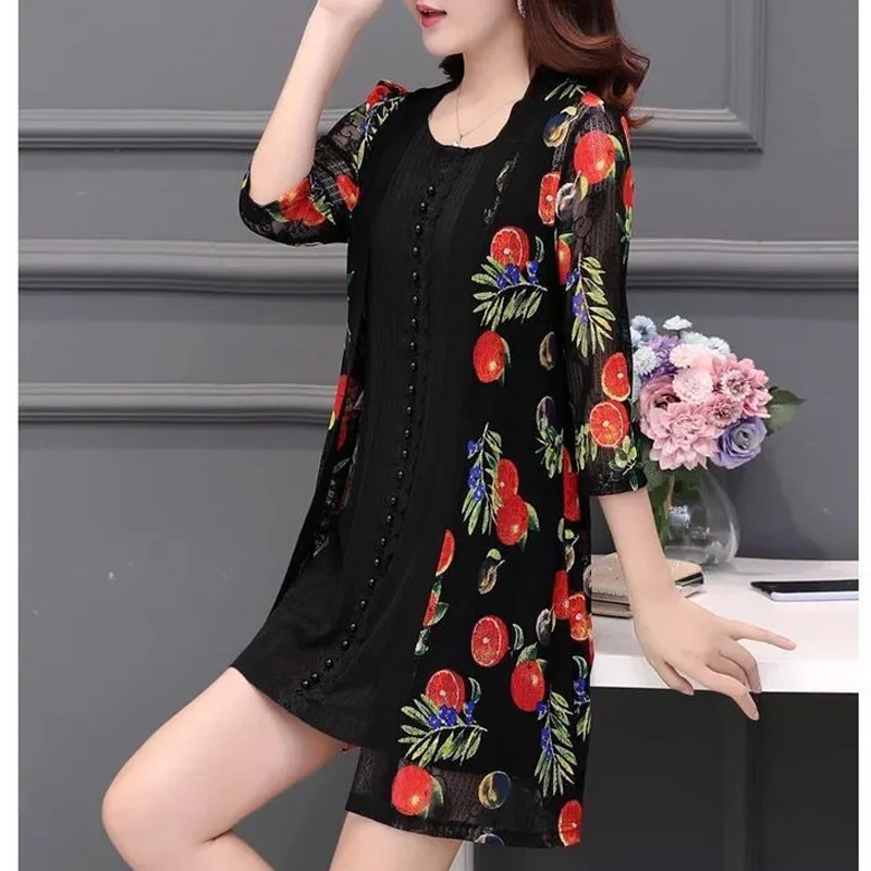 2023 New Fashion Trend Lace Print tre quarti camicia con aria condizionata di media lunghezza capispalla allentata Casual giacca Cardigan semplice