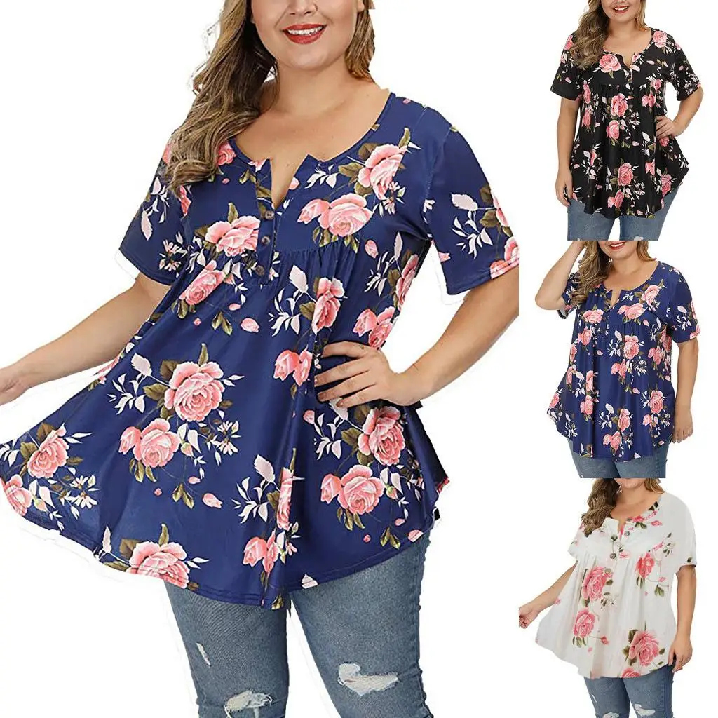 

Women's Collared plus Size Print T-Shirt City Walk Loose Fit Short Sleeve V-Neck Zipper Side Opening Other 100% Material