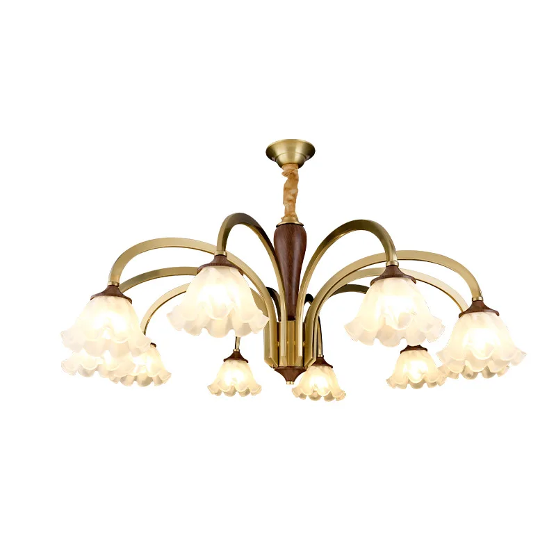 Living room chandelier, all copper American retro high-end main light, high-end solid wood bedroom dining room lamp