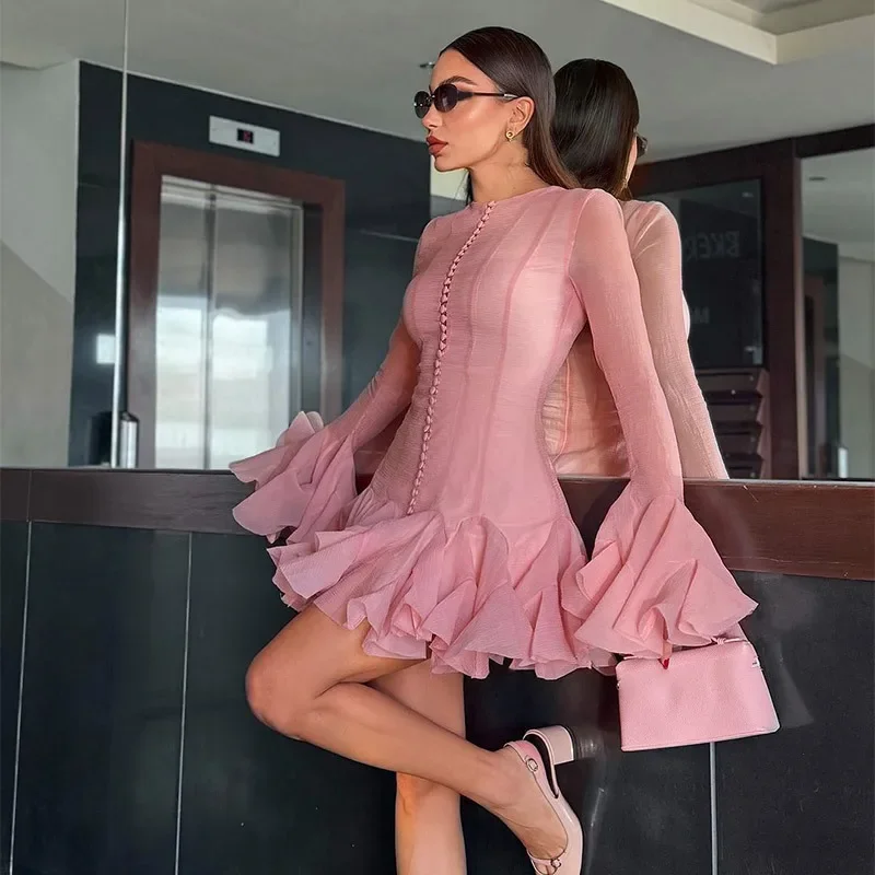 

Elegant Prom Dress Women Flared Sleeves Ruffle Spring Bubble Dresses Bodycon Pink Dress Women Clothing Vestido Feminino