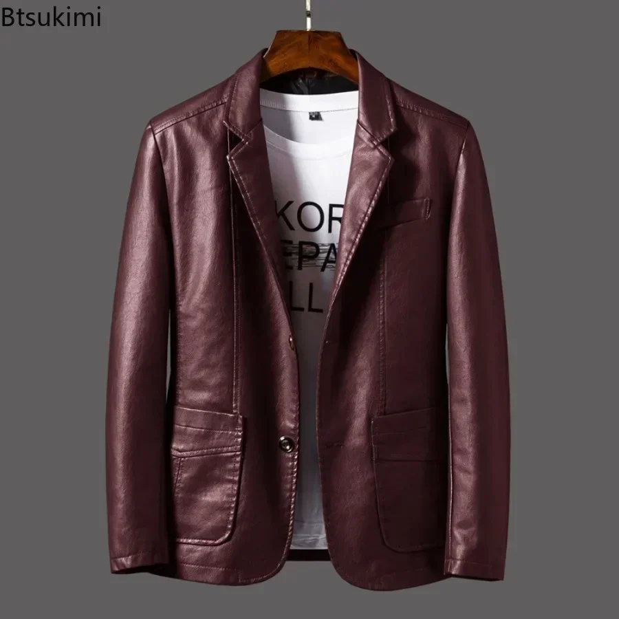 2025 Men's Leather Jackets Lapel Business Leather Jackets Men Pu Blazers Korean Style Slim Fashion Leather Coat Plus Size M-6XL