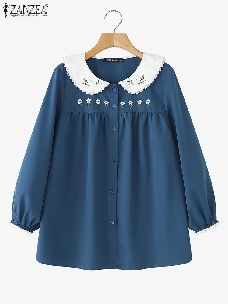 ZANZEA 여성 블라우스 패션 긴 소매 프린트 셔츠 2025 가을 피터팬 칼라 우아한 플리츠 튜닉 탑 휴가 블라우스