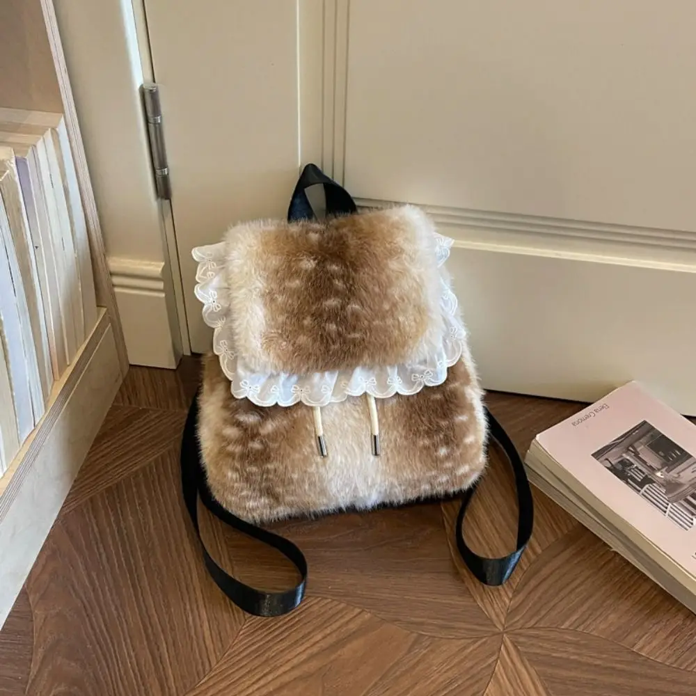Casual Leopard Print Fluffy Shoulder Bag Soft Deer Spot Backpack Korean Style Warm Drawstring School Bag Work
