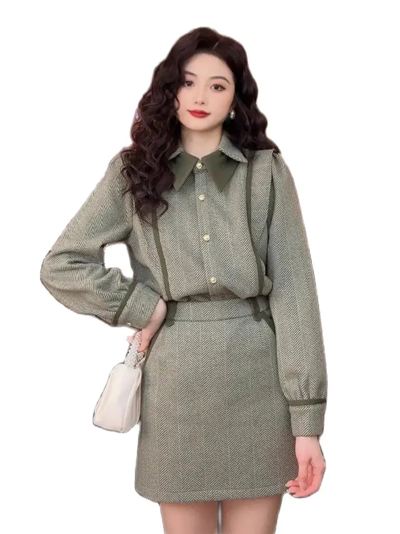 Korean Fashion 2 Two Piece Set Womens Outfits Autumn Long Sleeve Short Shirt + A-Line Mini Skirt Suits Vintage