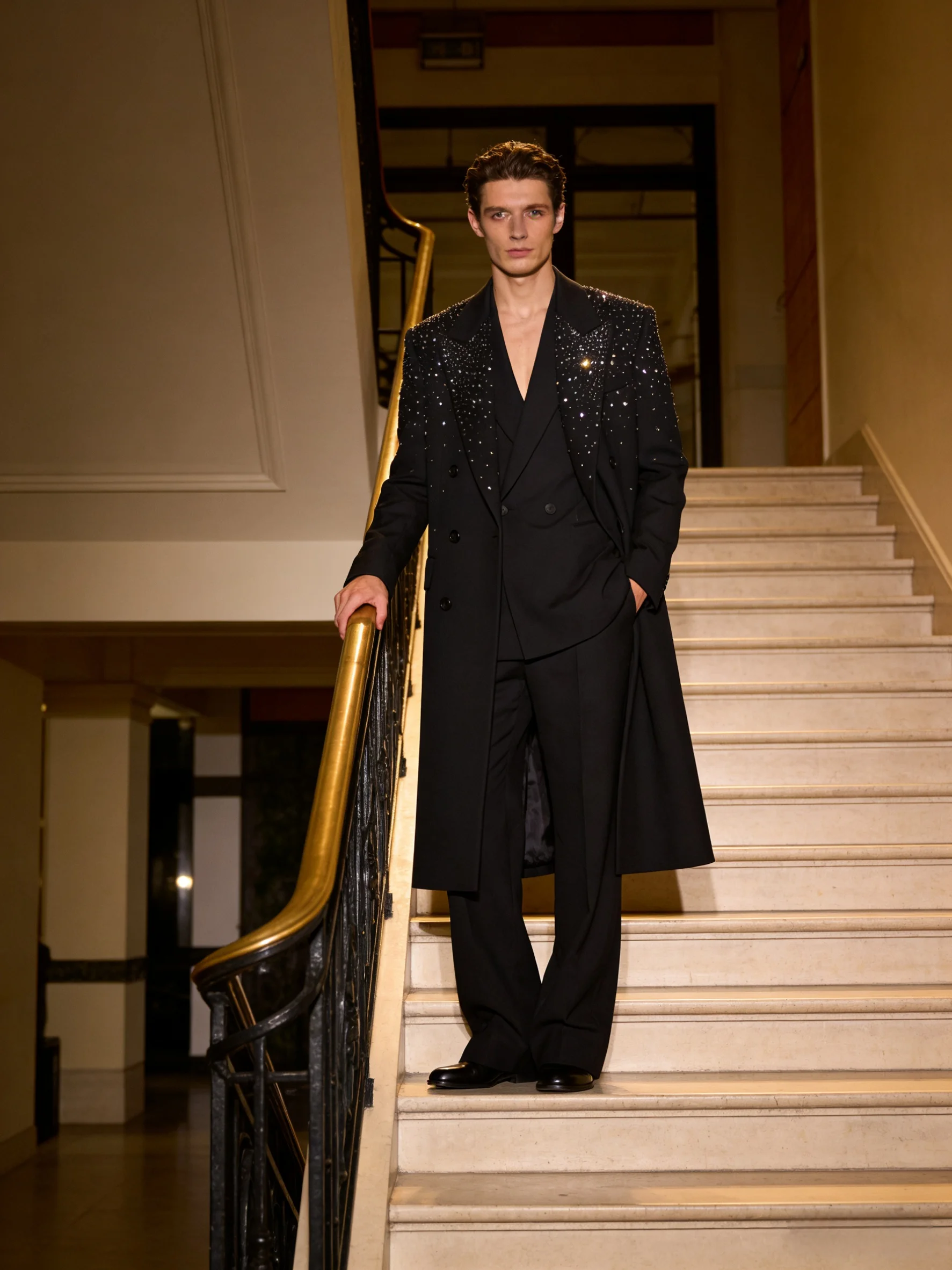 

Long Black Men Suits Set 2 Pcs Blazer+Pants Trousers Luxury Crystals Wedding Tuxedo Formal Office Business Groom Jacket Coat