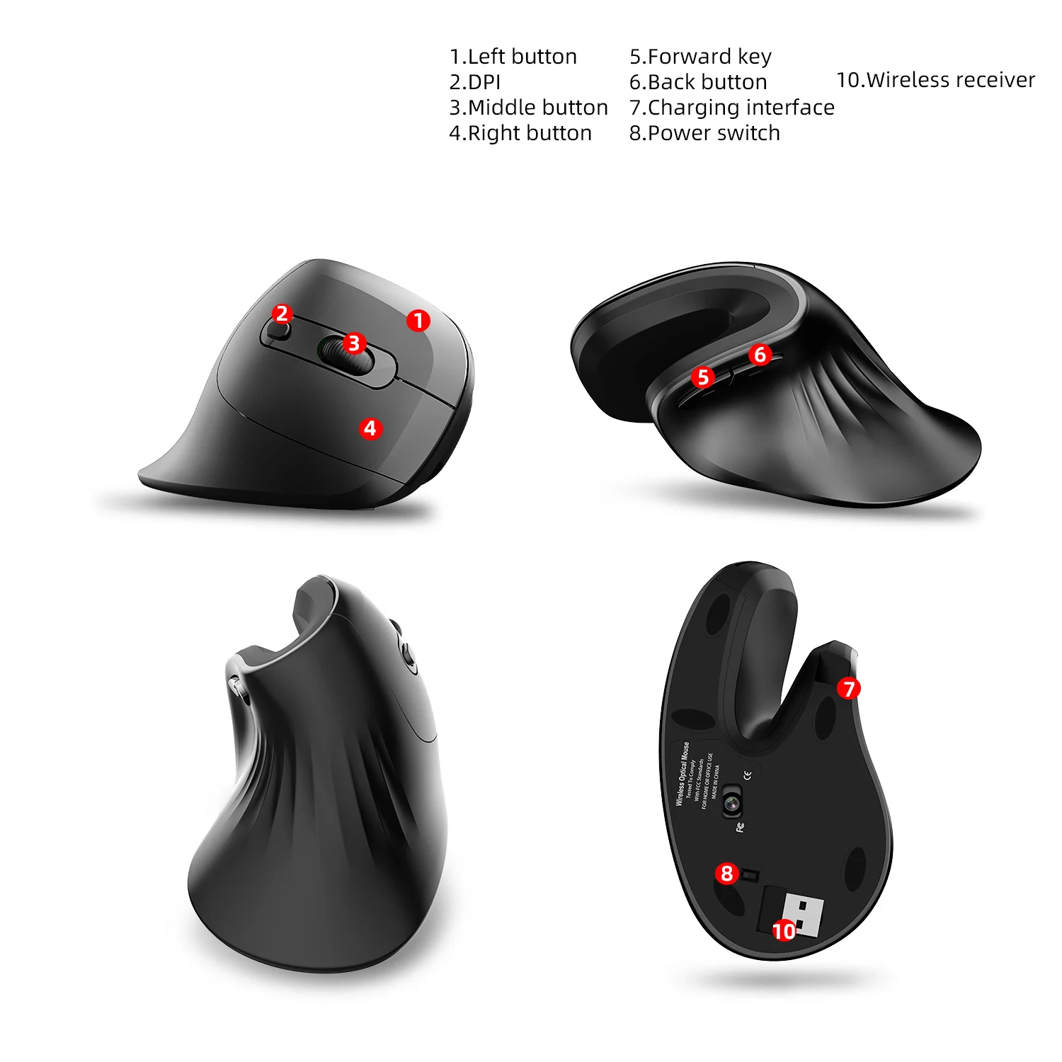 Ergonomic 2.4G USB Wireless Vertical Mouse Rechargeable Silent Wrist Healthy Mice Mause for Laptop Computer Office Work Gaming