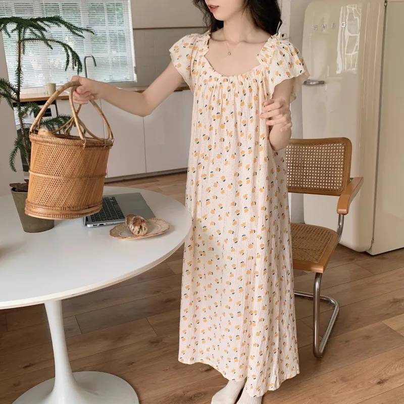 Causal 100% Cotton Flora Print Maxi Dress With Bra Pad Puff Sleeve Loose Vestidos Women Chic Summer Holiday Sundress Robe Girls