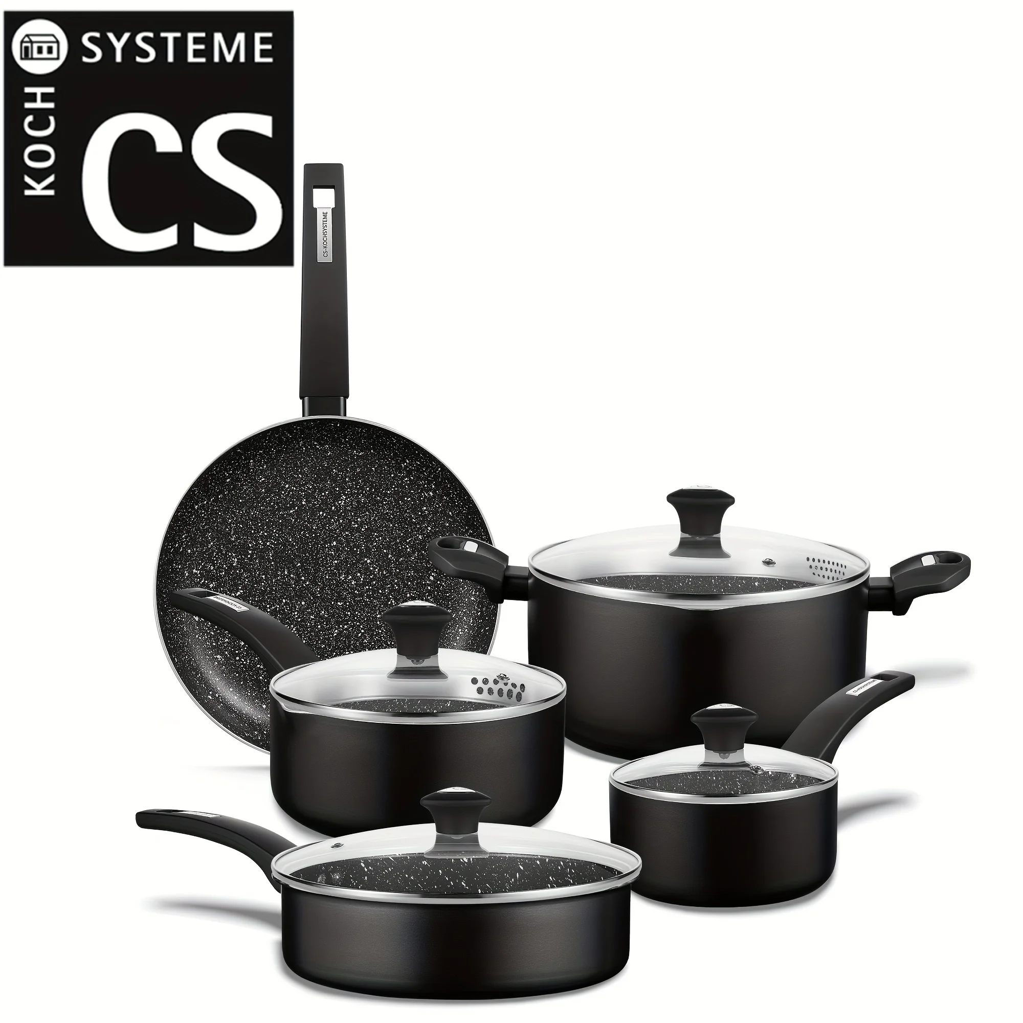 9 PCS Nonstick Cookware Set, Pots and Pans Set Skillets with Lid & Black Granite Coating, Easy to Clean & Induction Compatible