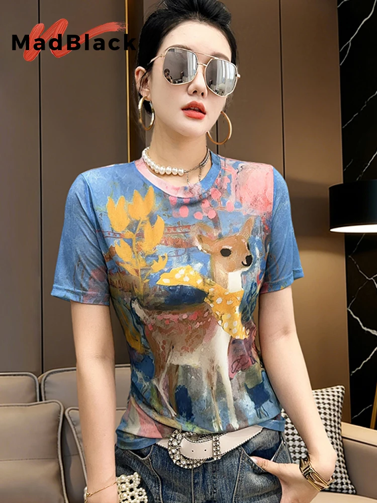 MadBlack-Women European T-Shirt, Sexy O Neck Deer Printed, Hotsweet Short Sleeve Slim S-3XL Sunscreen Tee, 2026 Summer T64738CC