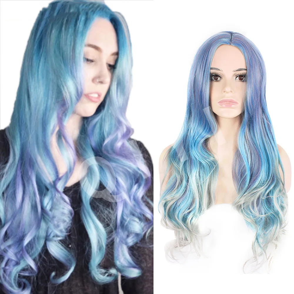 

Цветной парик для косплея с пробором посередине, крупными волнами, сине-серым градиентом, из химического волокна, термостойкий, шелковистый, с покрытием для головы.