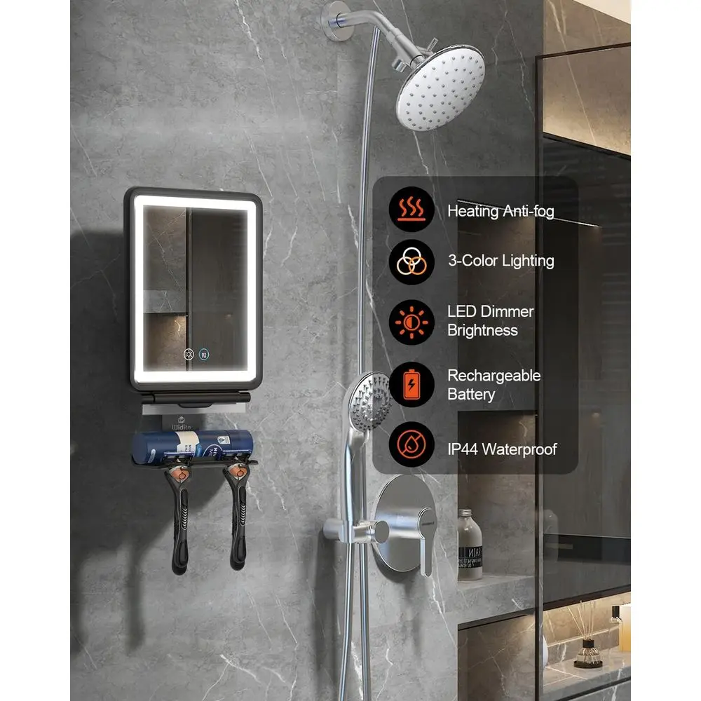 曇り止めシャワーミラー、3色調光ライト付き、充電式、カミソリホルダー＆収納トレイ付き