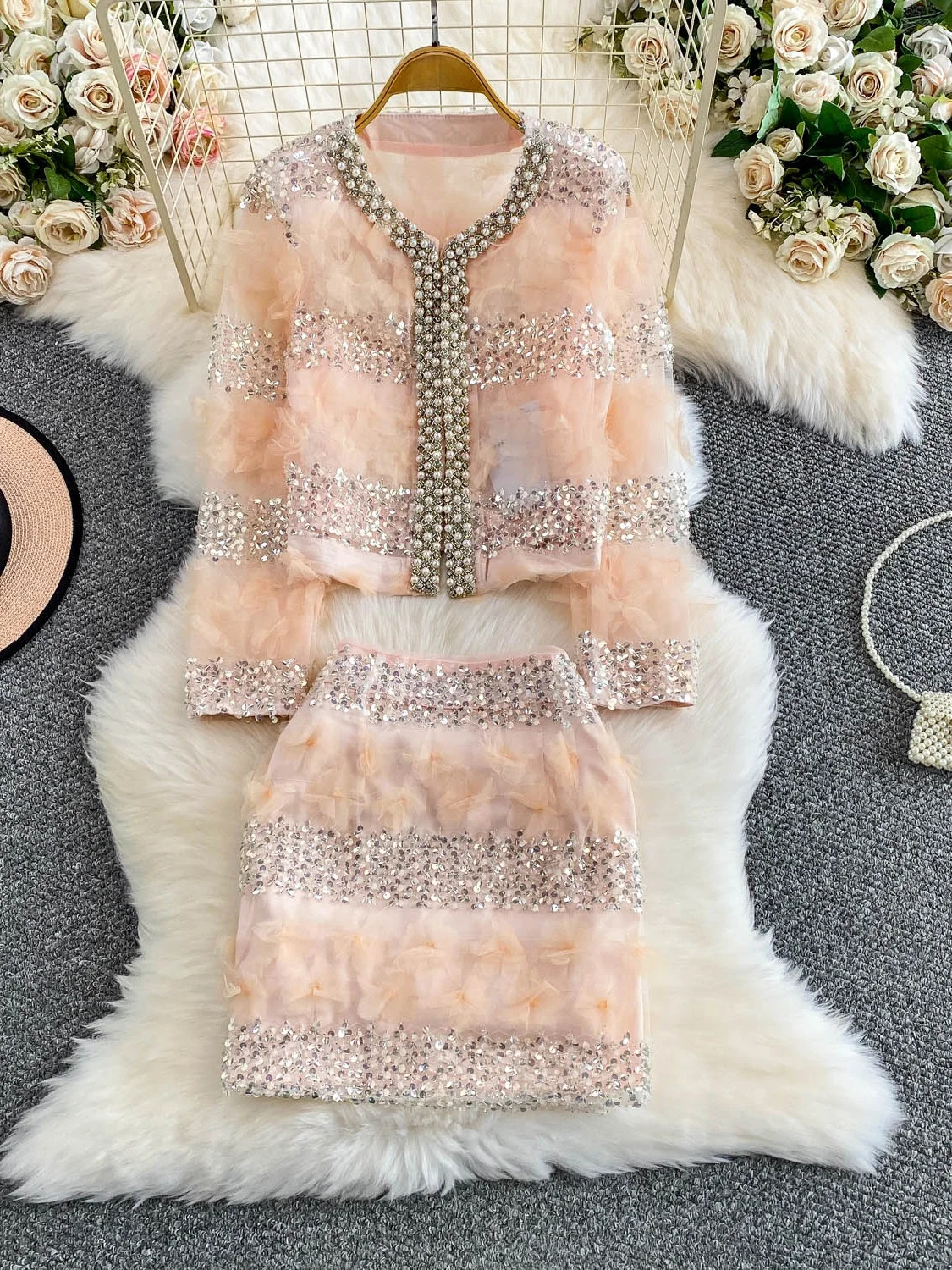 

Ele ort Sequin Lace Outerwear Women's Faion Anti-Aging Lightweight Luxury Heavy Embellied Diamond Beaded Top Skirt Set