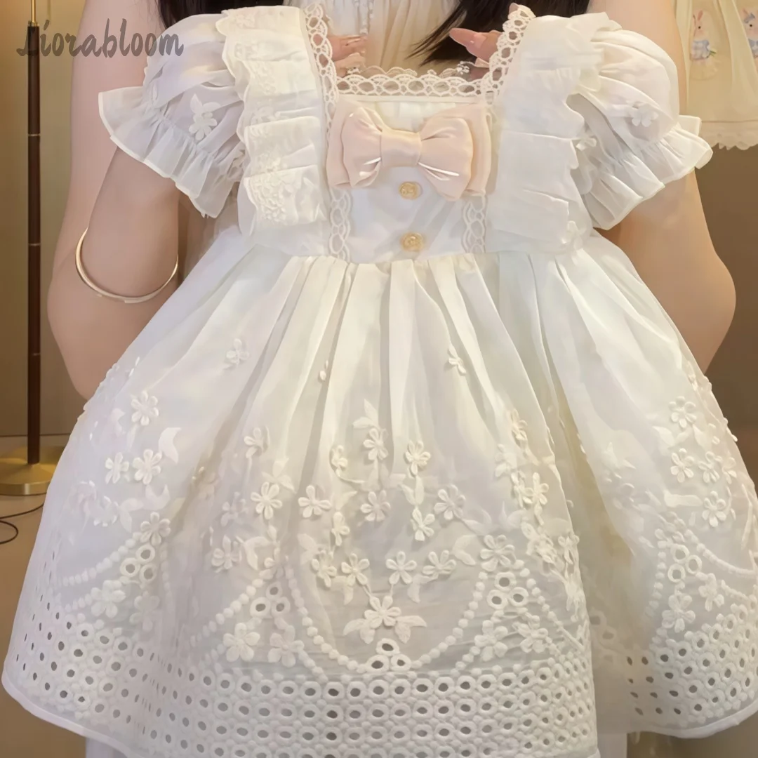 Girls' Lace Trimmed Formal Dress Simple Elegant White Evening Gown Everyday White Dress Exquisite Flower Girl Attire