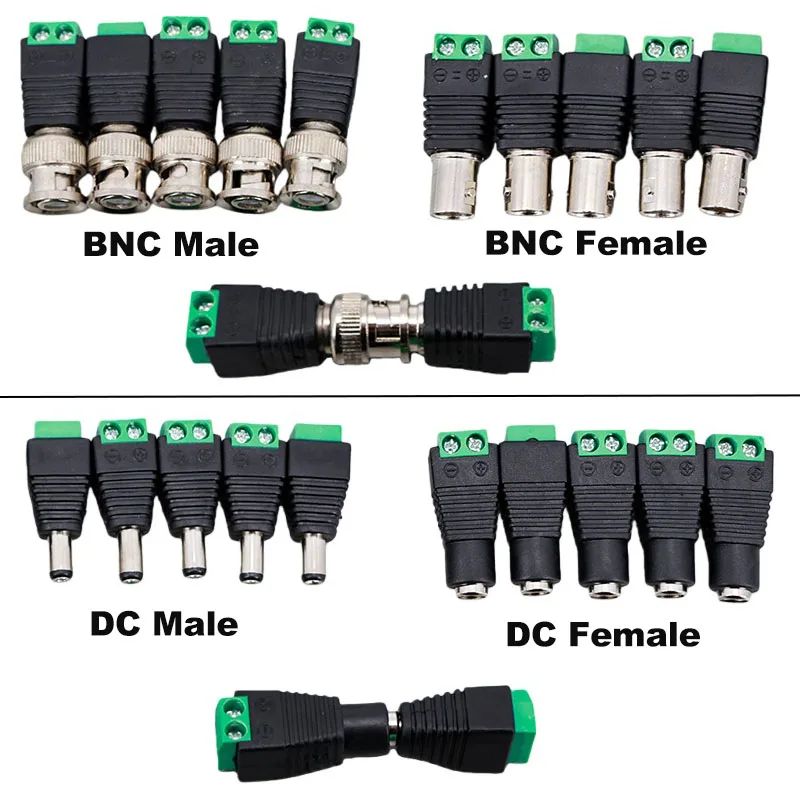 Female Male DC BNC Connector 5.5x2.1mm DC Jack Power Audio Adapter Electrical Wire Converter For RGB LED Strip Light CCTV Camera