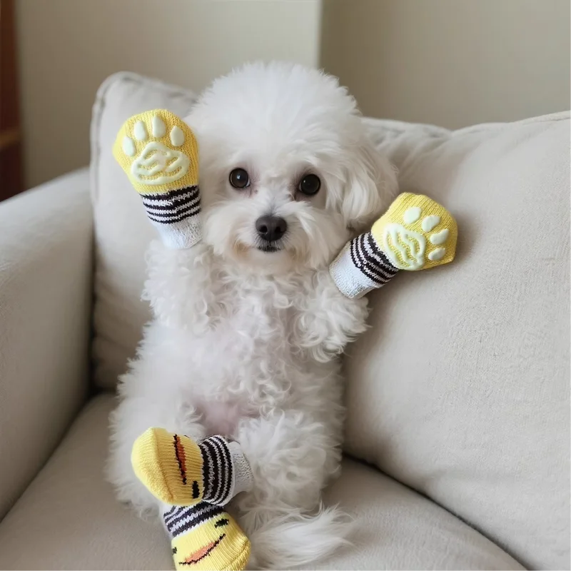4 Pcs Cats & Dogs Anti-slip Socks Anti-freeze Winter And Autumn Warm Socks Anti-slip Traction Protecting From Wear Tear licking