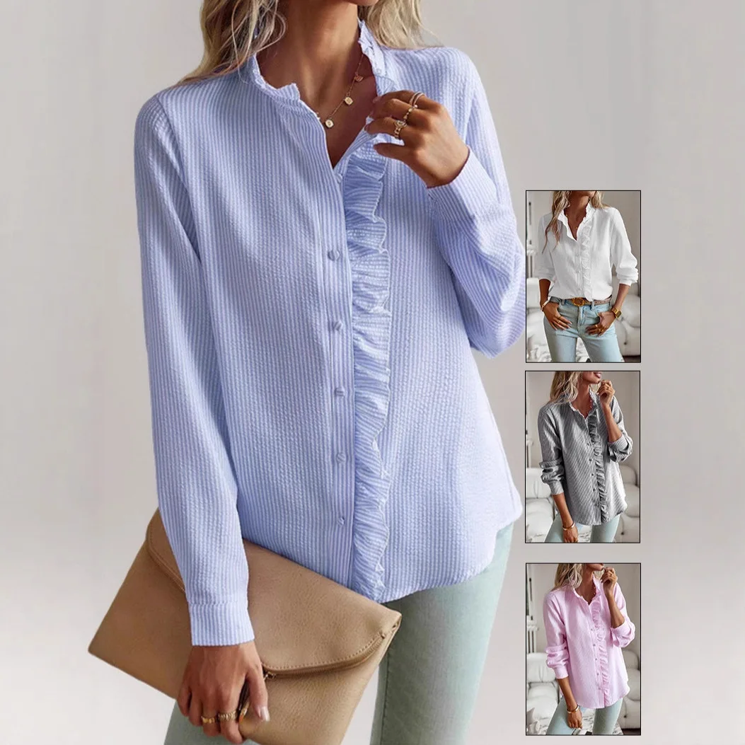 

2026 new European and American stand-up collar autumn fungus edge cardigan ruffle edge long-sleeved bubble top women's shirt