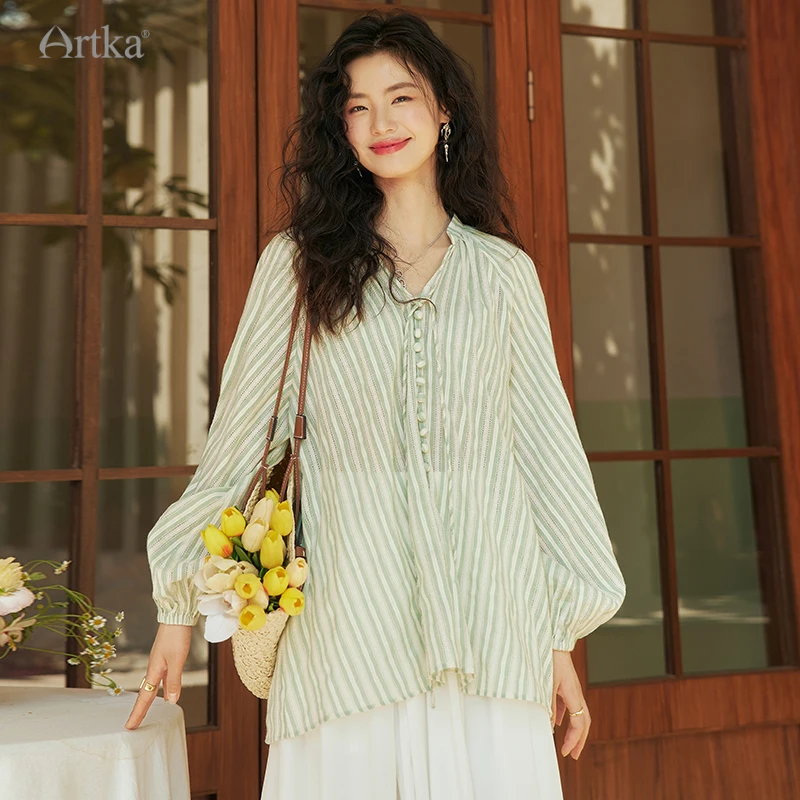 ARTKA 2023 Summer New Women Blouse 100% Cotton Casual Loose Stripe Shirts V-Neck Lace-up Long Sleeve Shirt Female SA92132X