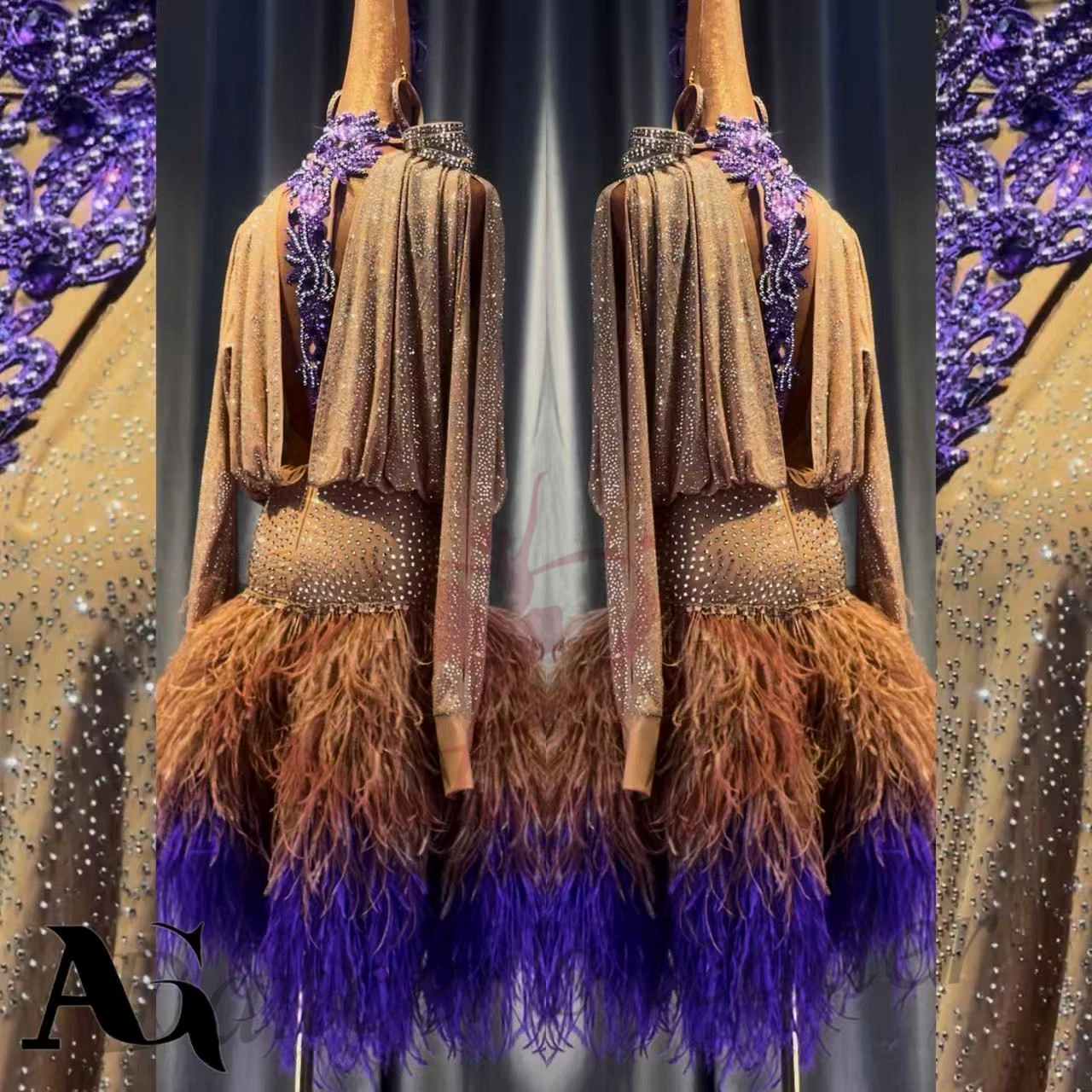 Latin Dancer Adult Children High-End Custom Long Sleeved Ostrich Fur Skirt Tango Samba AB Stone Performance Dress