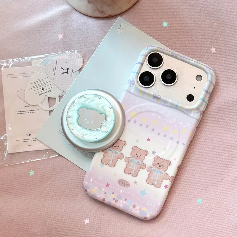 Graffiti Bear Double Layer Magnetic Phone Case with Kickstand Soft TPU Shockproof Anti-drop Anti-fingerprint Cover for iPhone 17