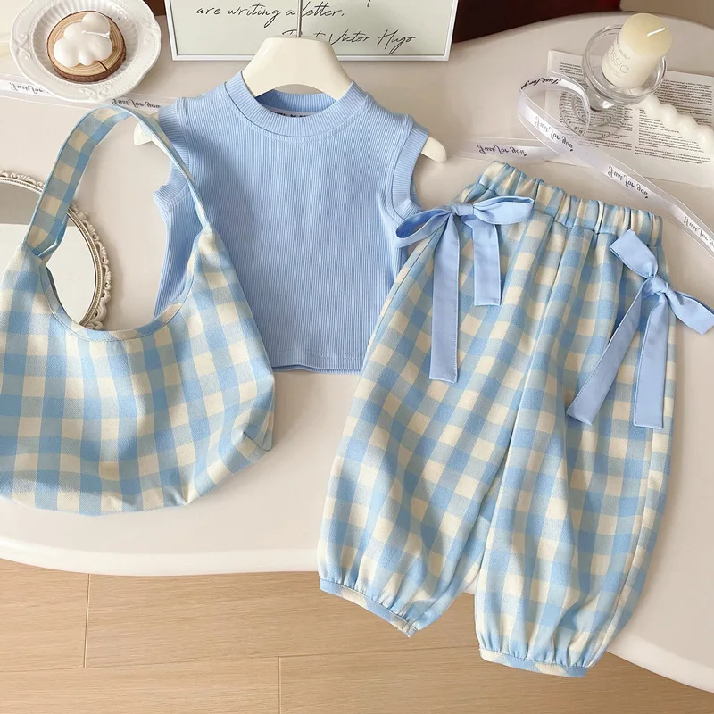 

Baby Girl Summer 3PCS Clothes Set Cotton Sleeveless Thin Kid Girl Tees Suit Bow Plaid Elastic Waist Cropped Pants Same Style Bag