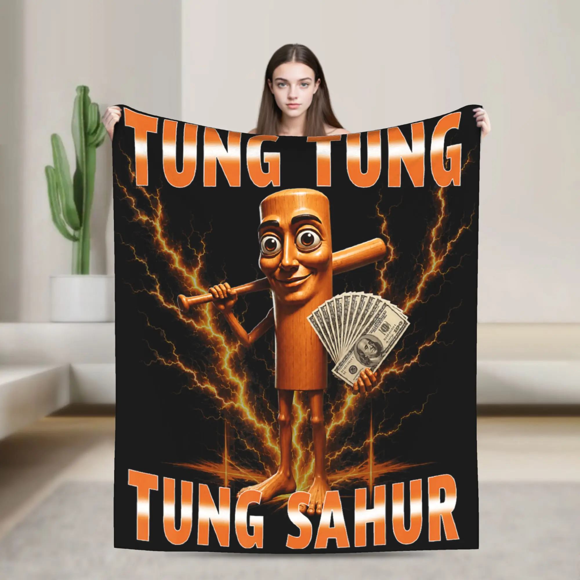 Warm Bedding Throws Travel Tung Tung Sahur is Calling Funny Money Meme Blanket Flannel Bedspread For Living Room Sofa Bed Cover