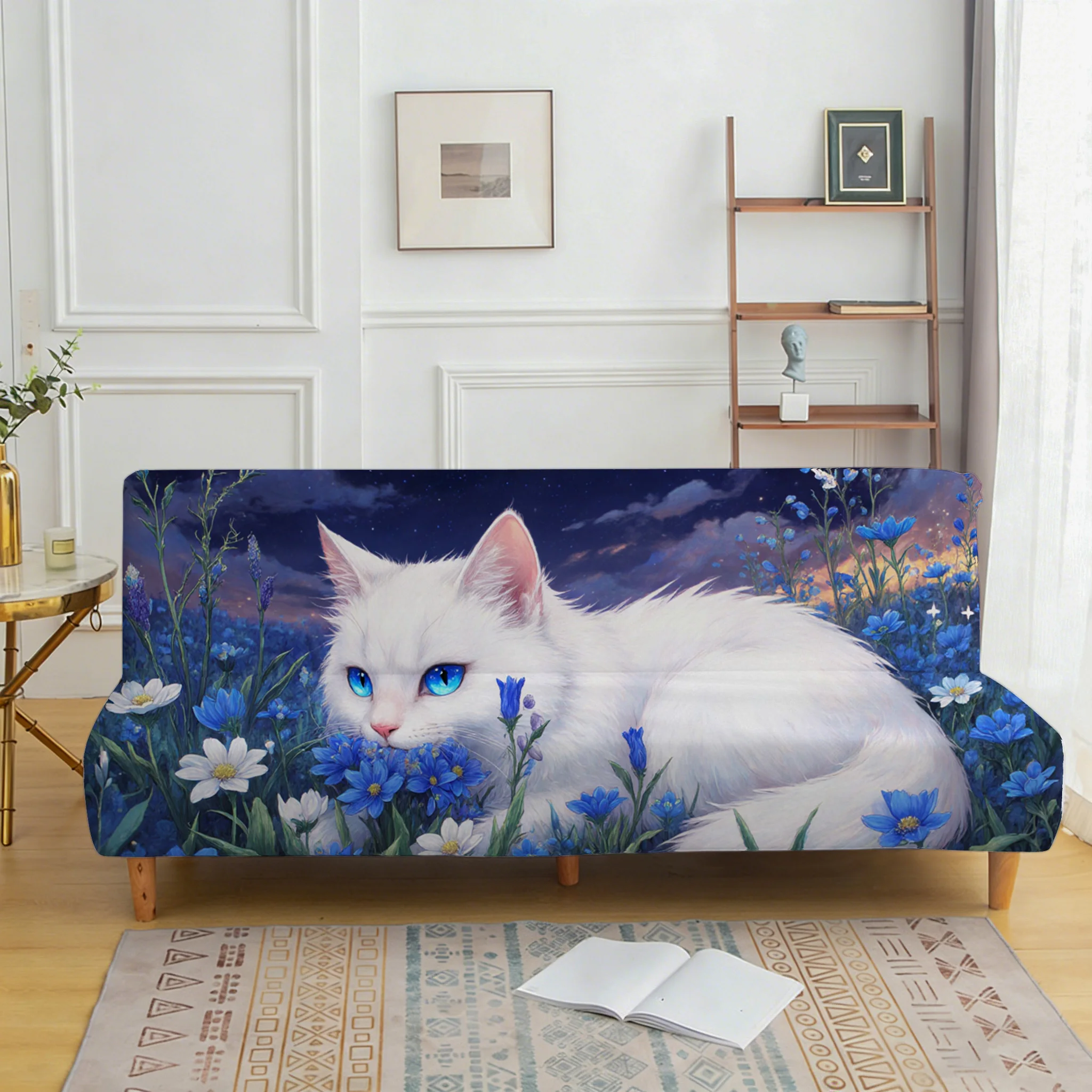 

Сине-белое эластичное покрывало для дивана с рисунком кошки, подходит для различных видов домашнего декора, легко устанавливается, можно стирать в машине.