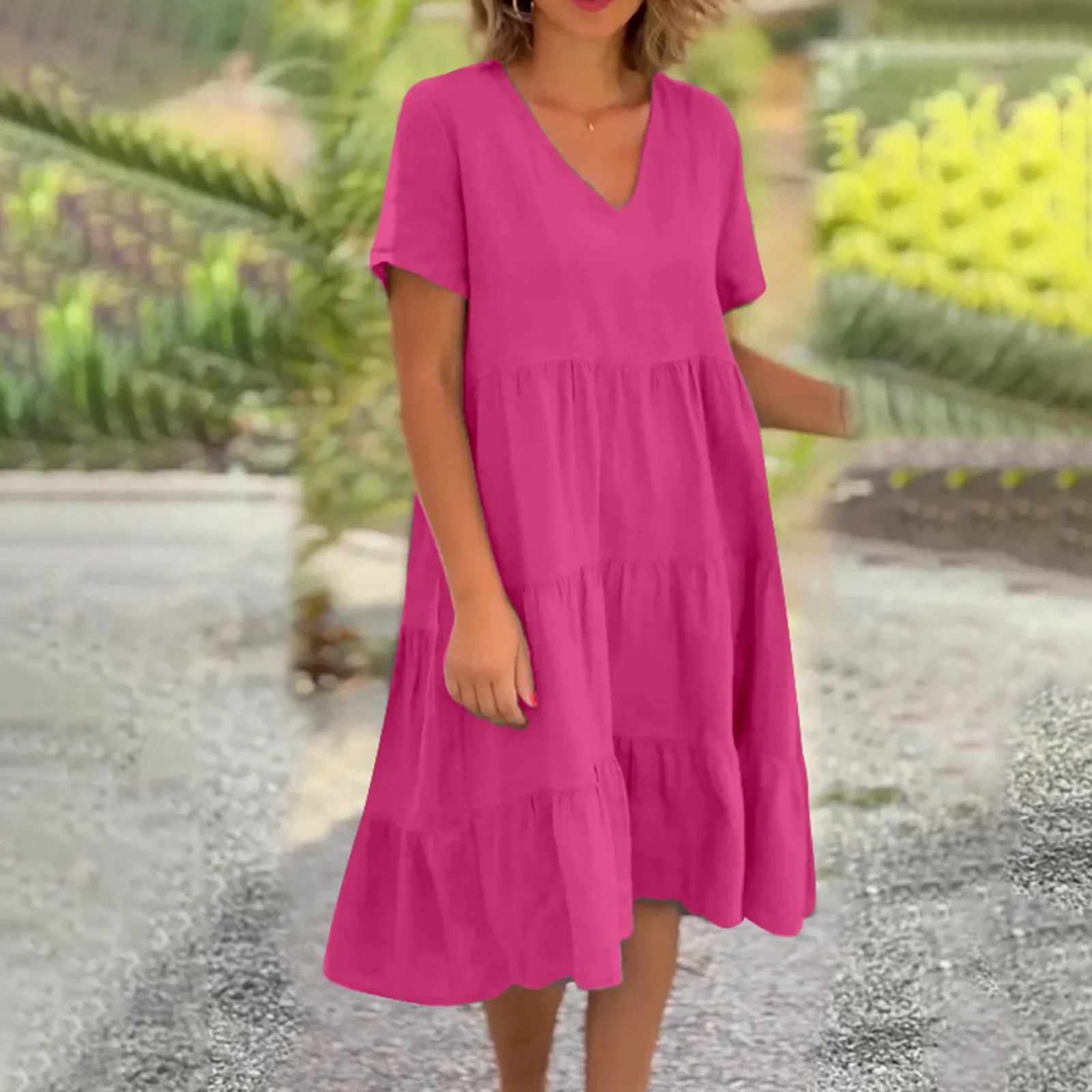 Damen einfarbig lose Swing Kleid V-Ausschnitt Kurzarm frisch süß Rock Sommer Herbst Mode einfaches Temperament Freizeit kleid