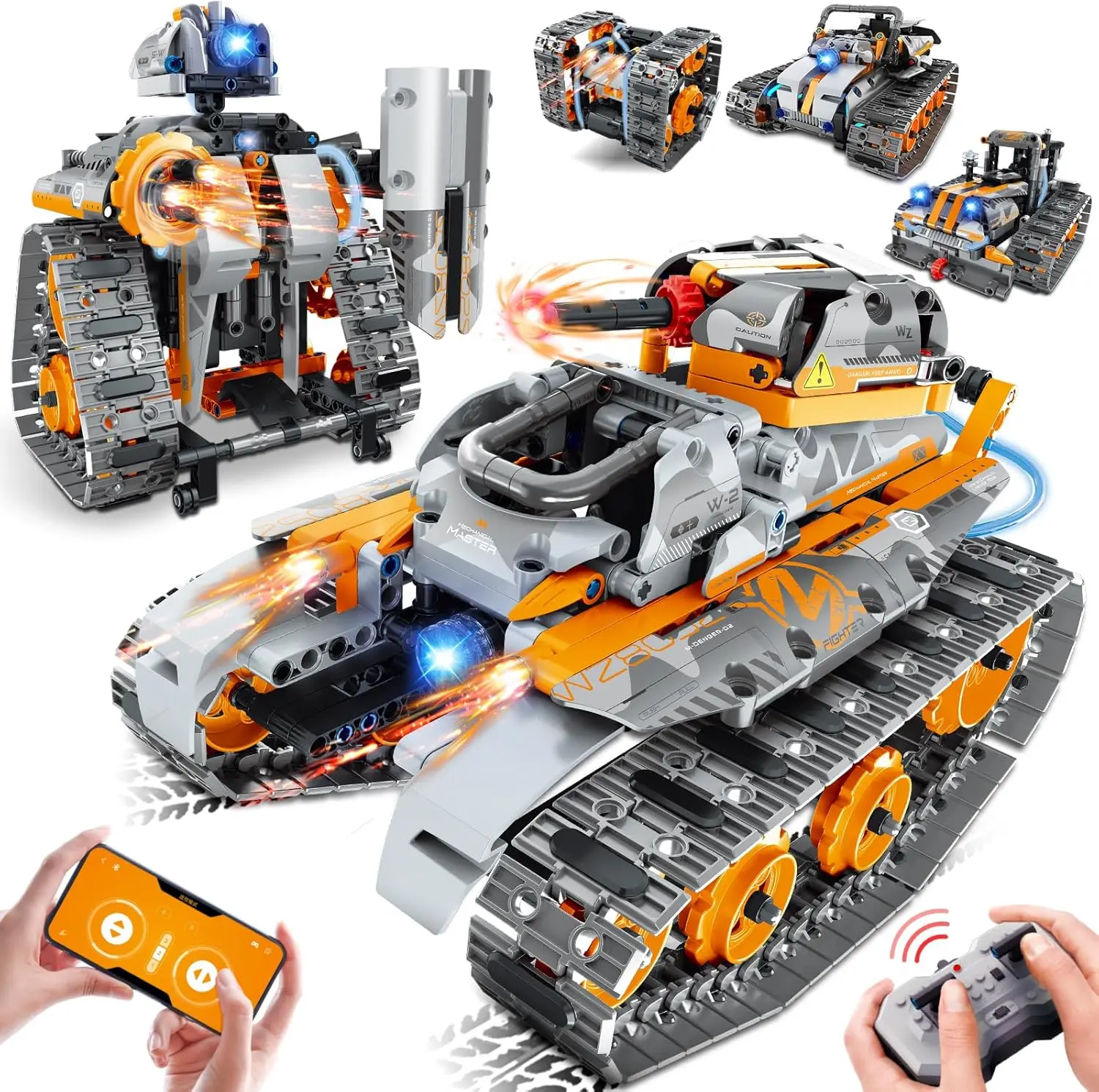 STEM Building Toy Set 5 in 1 with LED Light, APP & Remote Control - 554 PCS RC Robot Tank Sleigh Tracked Racer Kit, Gift for Kids Boys Girls Ages 6-12+