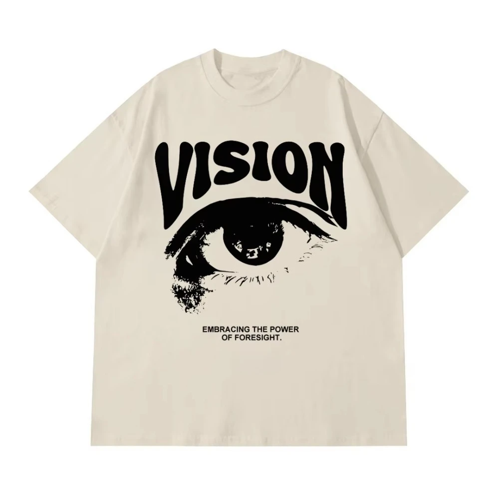 Short Sleeve T-Shirt Men Women Vision Big Eye Distressed Letter Graphic Vintage Y2K Grunge Streetwear Loose Casual Tee Top