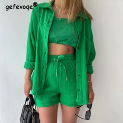 Women Summer Vacation Casual Loose Long Sleeve Cotton Pleated Button Shirts High Waist Drawstring Shorts Two Pieces Sets Outfits