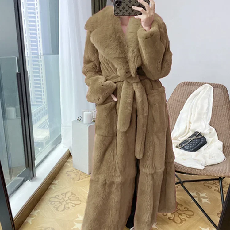 New Faux Fur Coat Women\'s Mid-Length Coat Fashion Loose Belly Covered Tide Sashes Winter Warm Outwear Solid Color