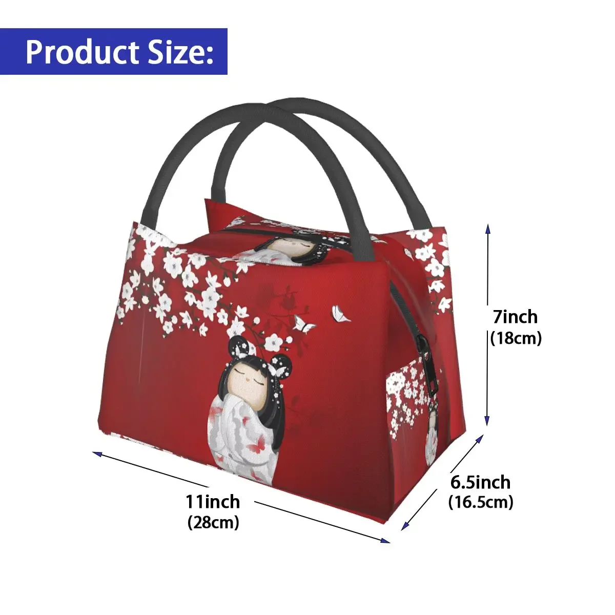 Kokeshi Doll White Cherry Blossoms Insulated Lunch Bag Picnic Lunch Box For Unisex  Japanese Girl Art Tote Food Bags Cooler Bag