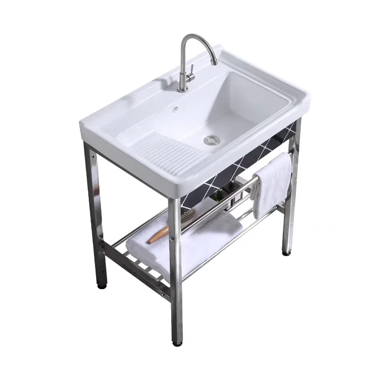 Ceramic laundry basin, stainless steel bracket basin wash basin with rubbing board balcony ultra-deep laundry sink sink washbasi
