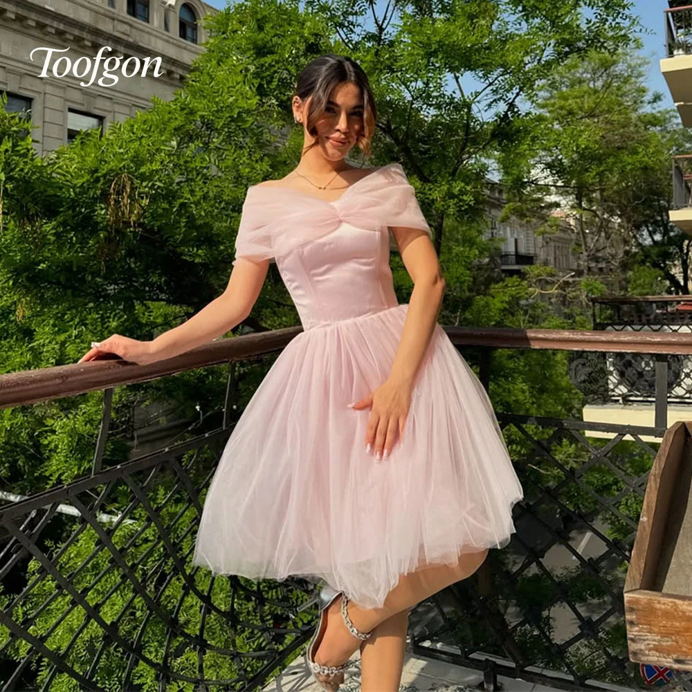 

Toofgon Off Shoulder Pink Short Prom Dresses Tulle A Line Customized Mini Formal Party Homecoming Dress Women Outfit Occasion