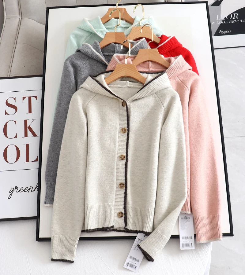 Simply college style solid color hooded casual knit cardigan women's new sweater coat for autumn and winter office lady tops