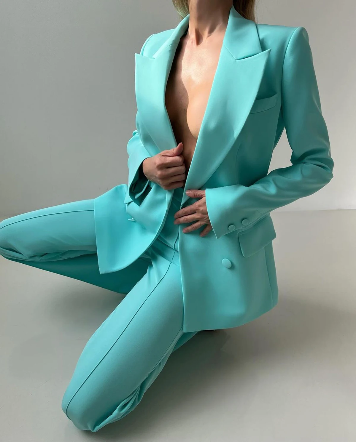 Vintage Cyan Women Pants Suits 2 Pcs Big Lapel Blazer+Pants Double Breasted Customized Wedding Guest Formal Evening Party Outfit