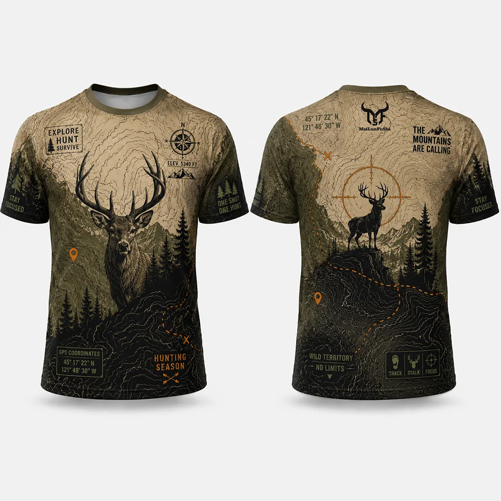 Hunting And Camping In Forest - เสื้อยืดผู้ชายลายพิมพ์ 3D กวางเอลค์ในป่า สำหรับกิจกรรมล่าสัตว์กลางแจ้ง แฟชั่นแขนสั้น ใส่สบาย