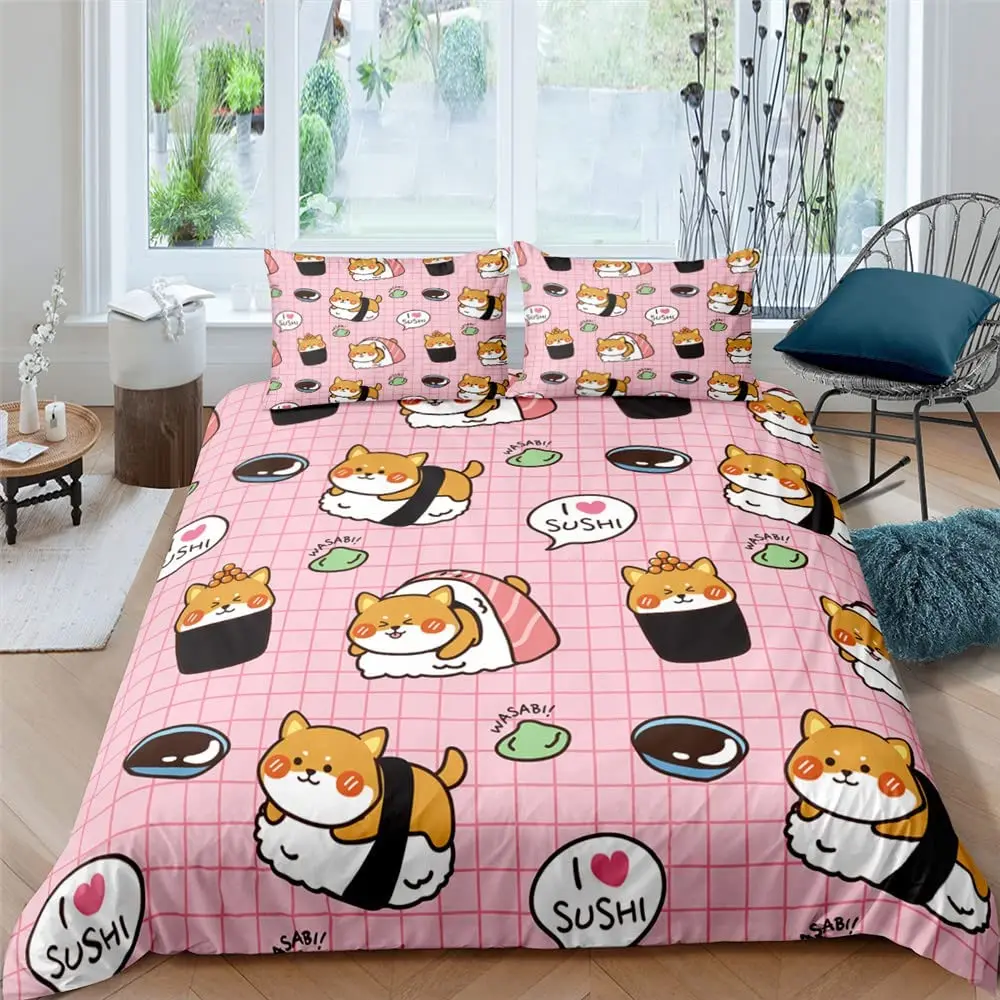 Shiba Inu Duvet Cover Set Cute Shiba Inu Bedding Set Cute Yellow Dog Cartoon Animal Farmhouse Pet Animals Polyester Quilt Cover