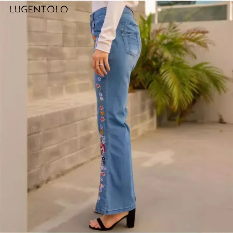 Women Casual Jeans 2025 Vintage Washed Floral Embroidery Comfortable Stretch Slim Flared Pants Fashion Commute Available 4XL