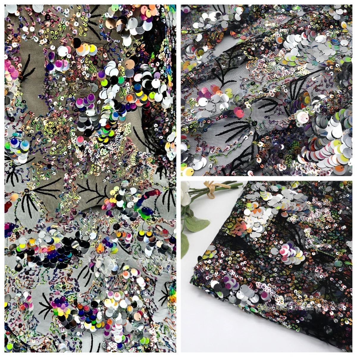 

Hot Sale Iridescent Multicolor 9mm/12mm Mixed Size Sequins Fabric | Spring Summer Dress Wedding Gown Sequin Material