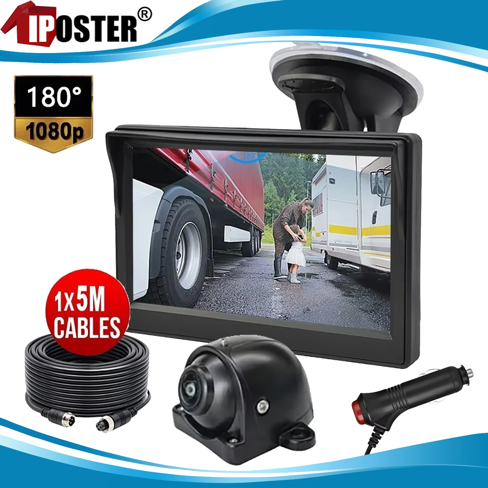 kit-de-cameras-de-recul-iposter-hd-5''-ips-ahd-avec-ecran-4pin-1080p-180-degres-1x-cable-video-d'extension-4pin-de-5m-pour-camion