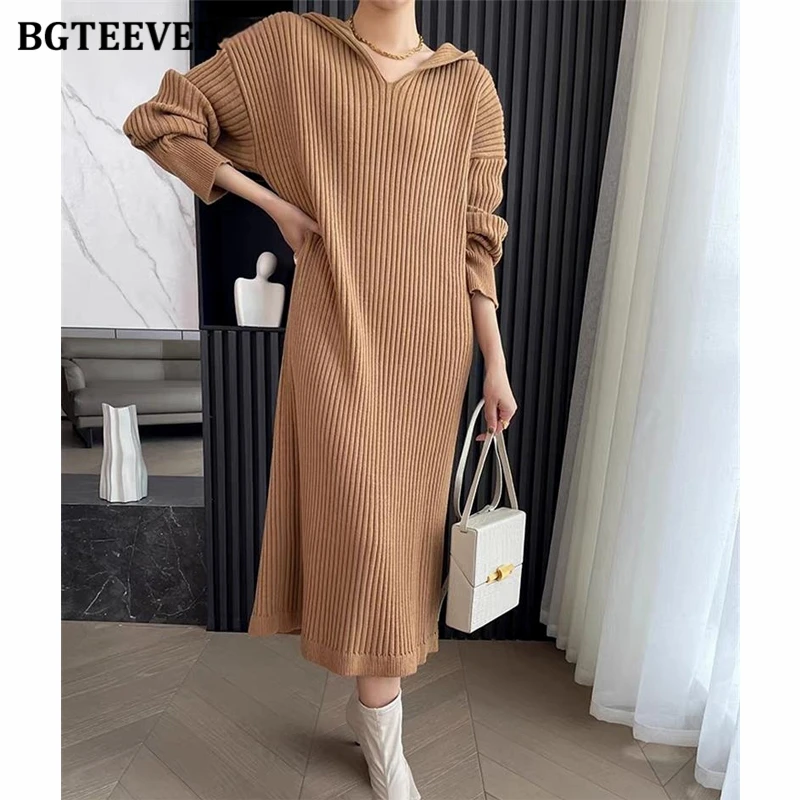 

BGTEEVER Autumn Winter Hooded Sweater Dress Women Causal Loose Full Sleeve Female Knitted Dress Straight Ladies Vestidos